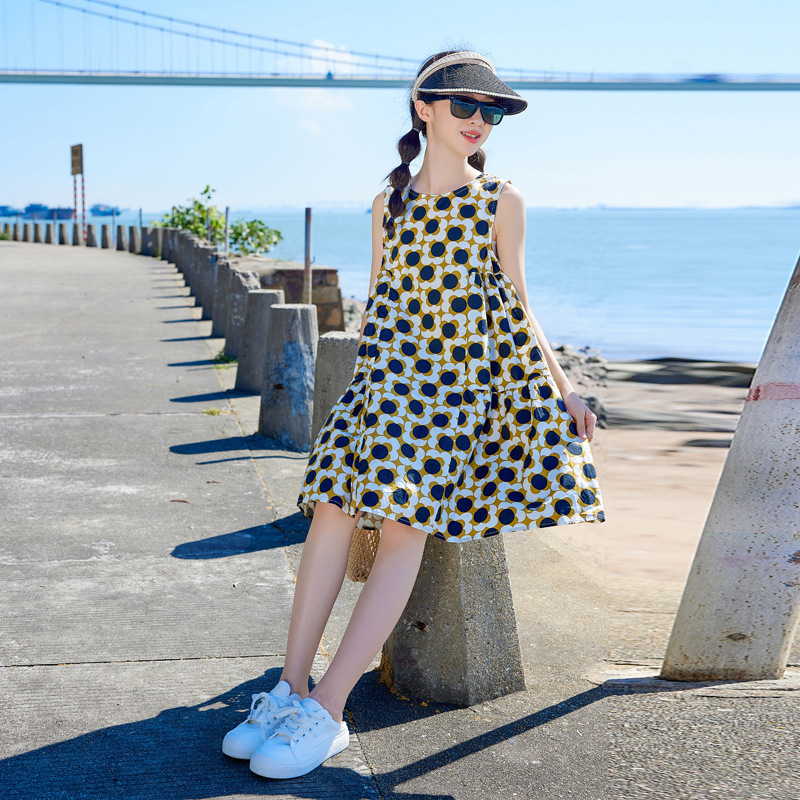 Vestido de las niñas de verano de algodón fino de moda estilo occidental falda de una línea de niños flojo lindo floral niña princesa vestido