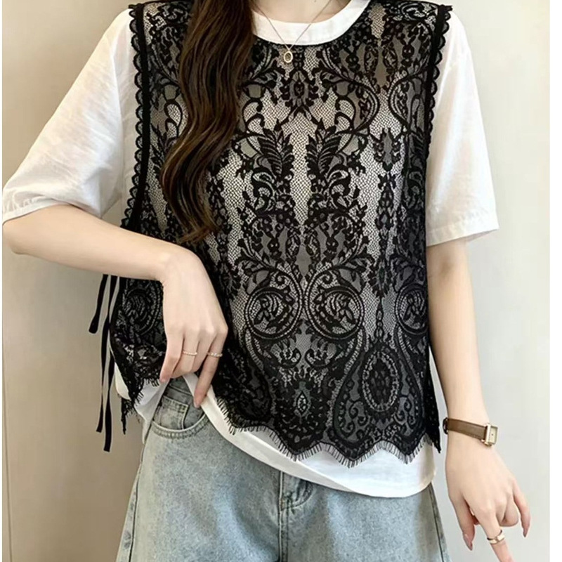 2026 Summer New Fashion Versatile Faux Two-Piece Shirt with Lace Splicing, Age-Reducing and Slimming Top, Other High-Elastic Items