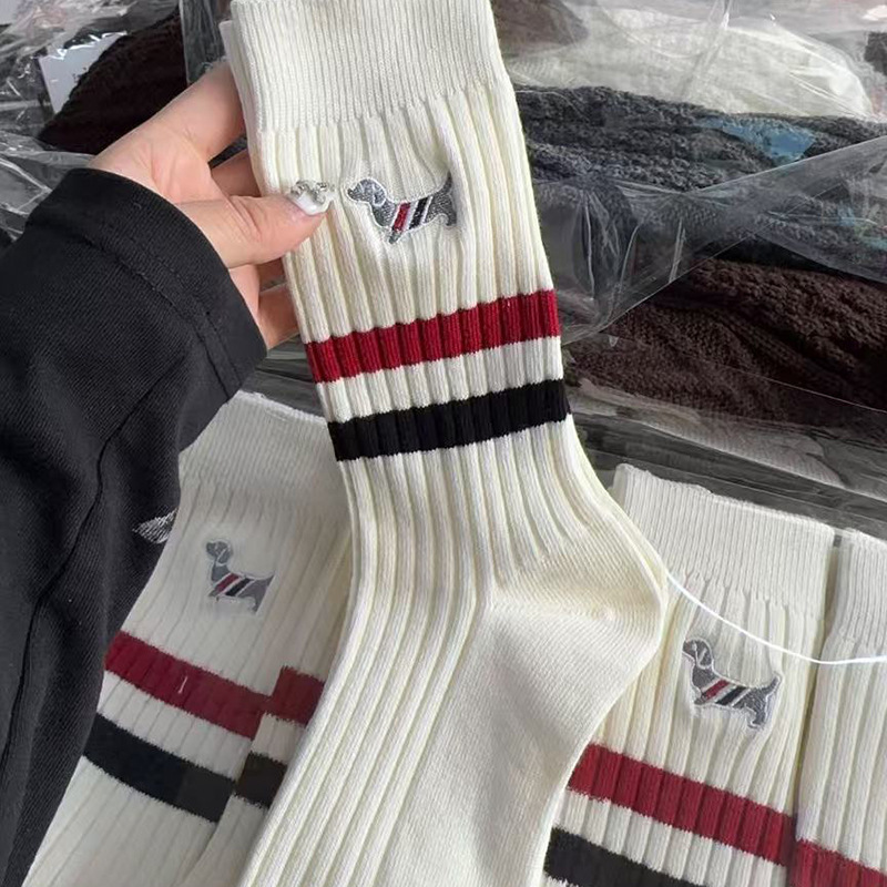 Women's High Tube Socks Early Autumn New Korean Version Double Needle Embroidery Dachshund Ins Trendy Versatile Double Stripe Slouch Socks