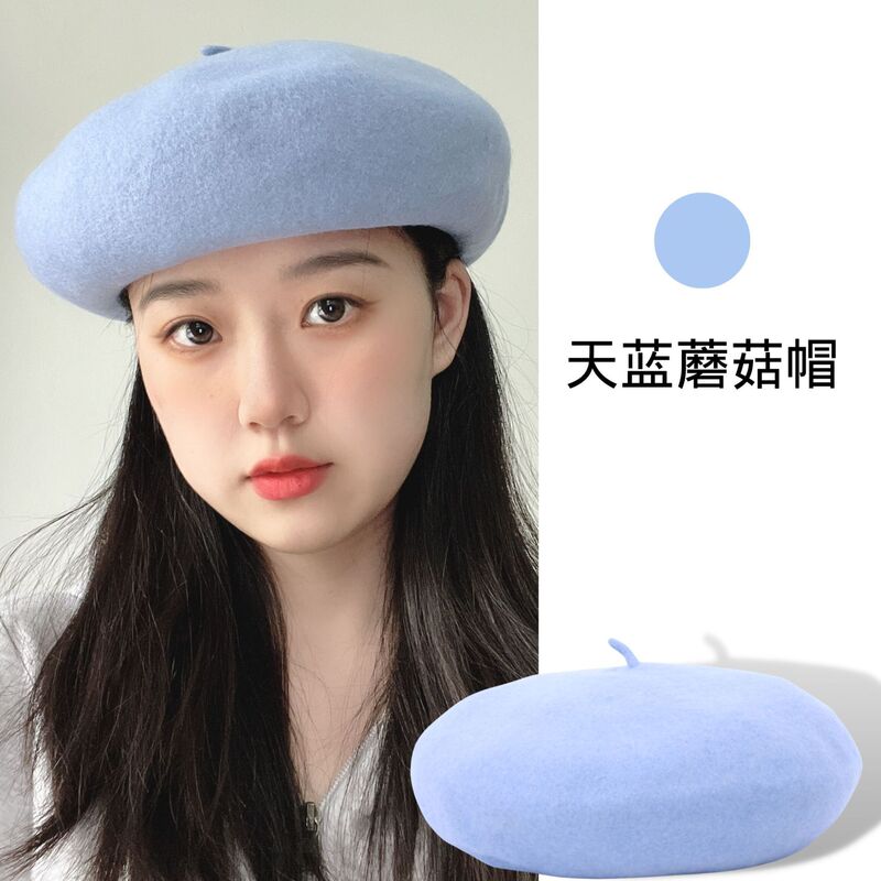 新款秋冬羊毛贝雷帽子女时尚羊绒蘑菇帽深檐大头围立体画家帽批发|undefined