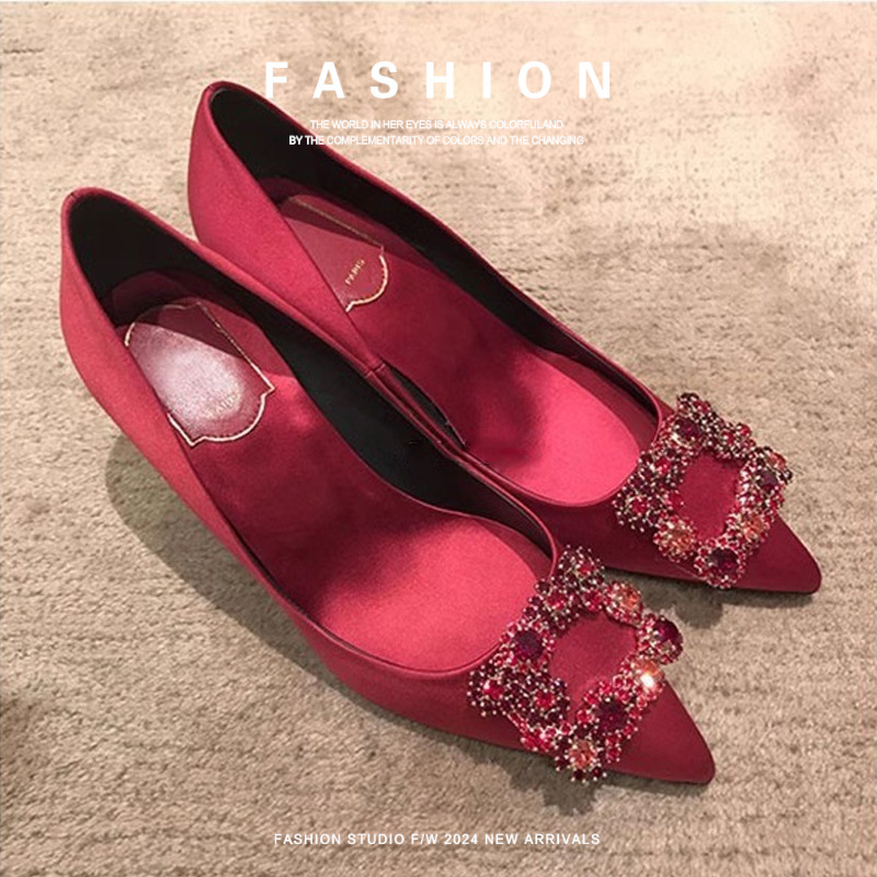 Genuine Leather Red Wedding Shoes with Floral Square Buckle, Pointed Toe, Women's High Heels, Satin, Rhinestone, Shallow Mouth, Same Style, Top Layer Leather