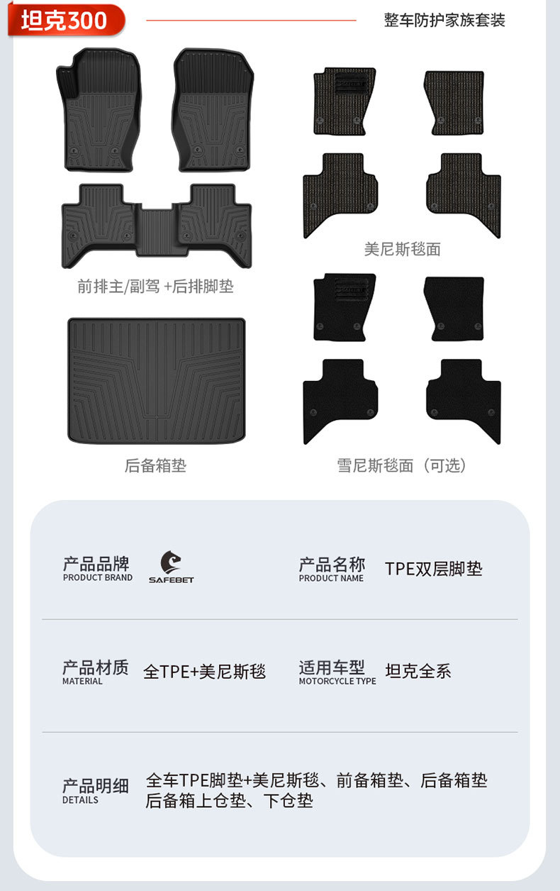 Suitable for Tank 300 New Energy 400 500, special all-weather TPE car floor mats and interior accessories