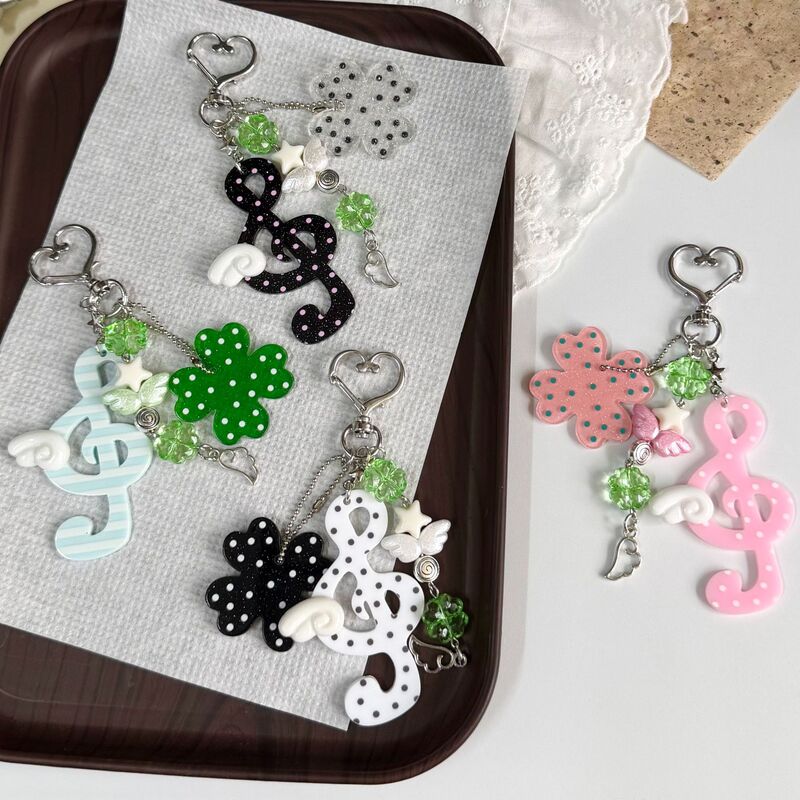 Ins Korean-Style Vintage Polka Dot Musical Note Stripe Lucky Four-Leaf Clover Keychain Pendant Bag Accessory Pendant Ins Korean-Style Vintage Polka Dot Musical Note Stripe Lucky Four-Leaf Clover Keychain Pendant Bag Accessory Pendant