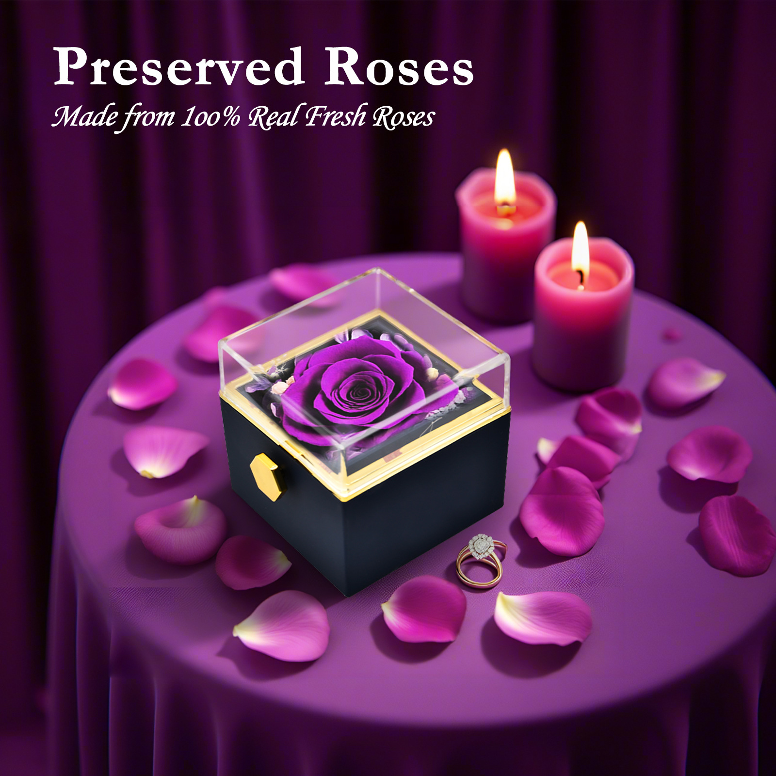 外贸情人节生日惊喜创意翻转高级紫色玫瑰花盒首饰盒工厂直销永生