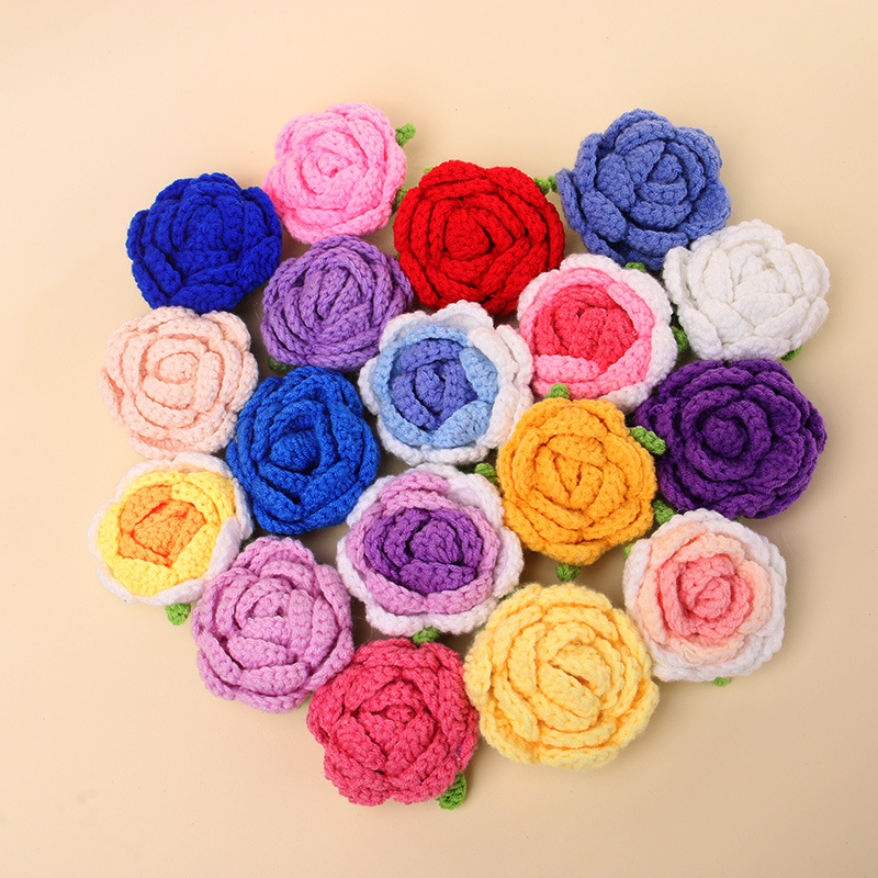 Wool Rose Head Wholesale Handmade Crocheted Artificial Flower Braided Bouquet Flower Head Clothing Accessories Factory Direct Sale