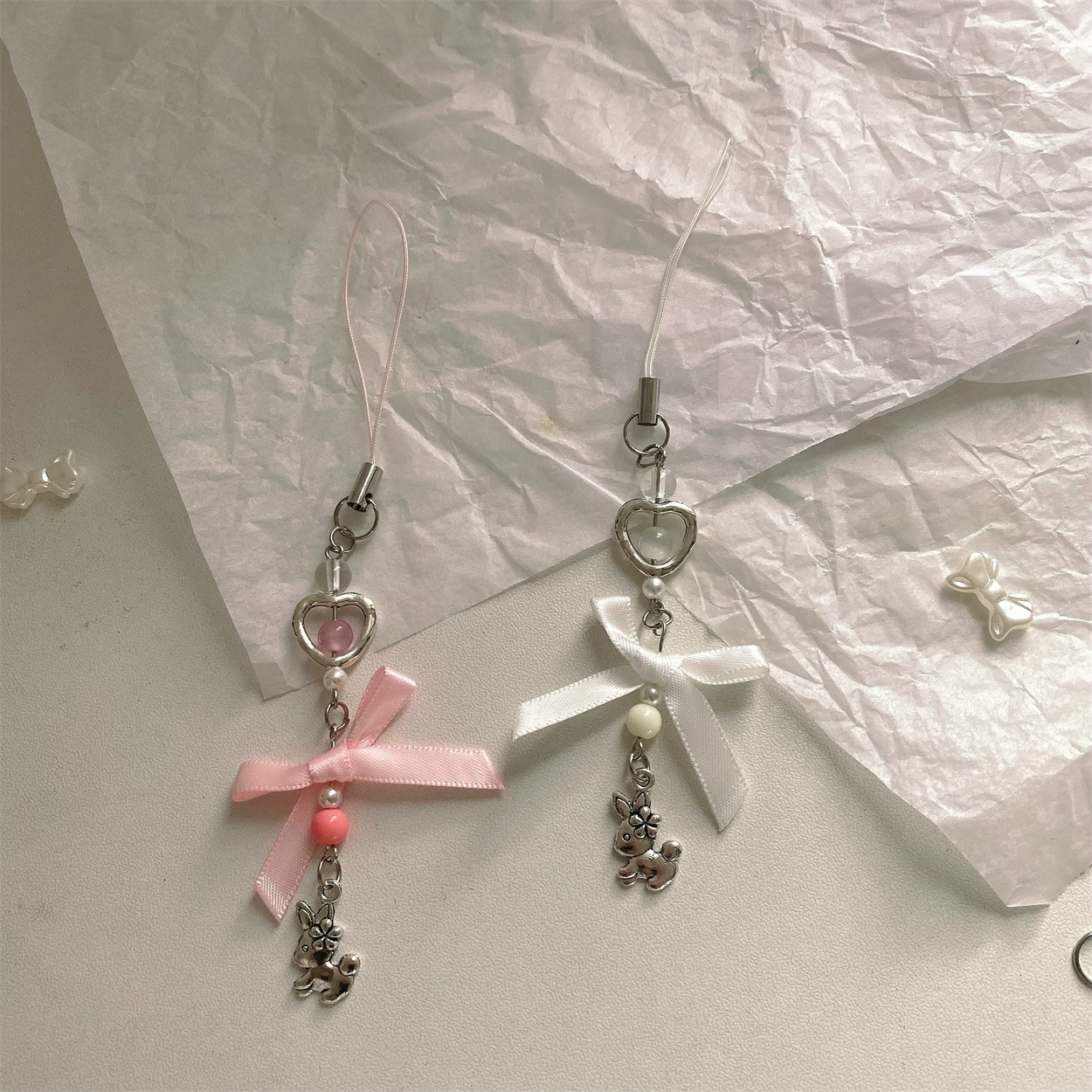 Rabbit with bow, mobile phone, bag, cute keychain, beaded bracelet handmade, brand pendant
