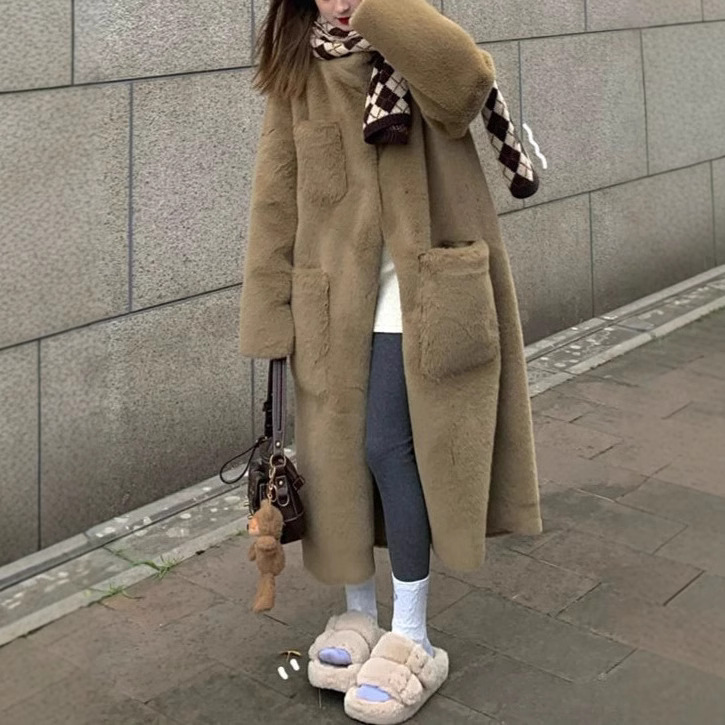 친환경 모피 겨울 모피 원피스 중장 두꺼운 밍크 양털 무릎 위로 게으른 바람 마오 마오 코트