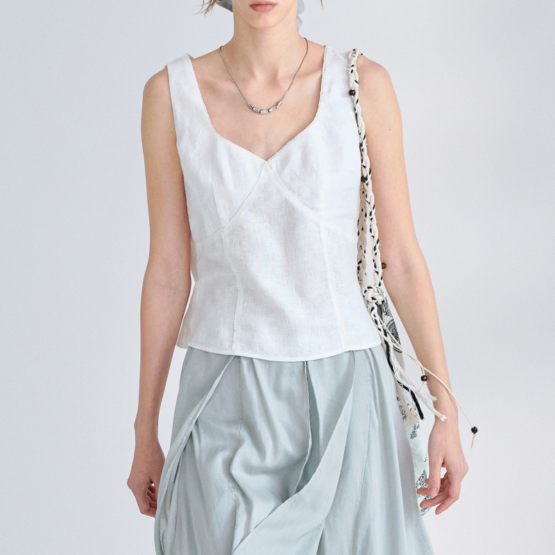 Elegant Pure Linen V-Neck Lace-Trimmed Tube Top, Stylish Deconstructed Sleeveless Women's Summer Short Linen Blouse