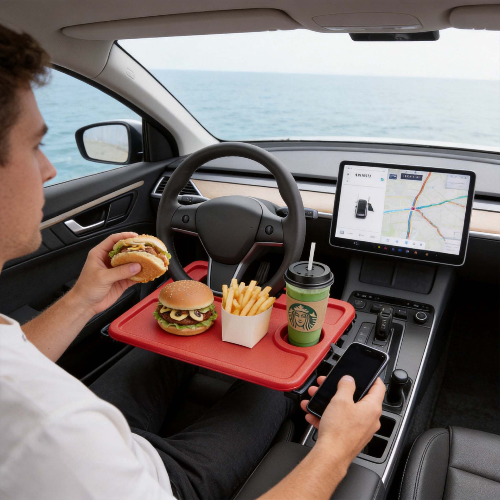 Car steering wheel dining table, multifunctional tray for truck drivers, portable steering wheel storage rack for eating in the car