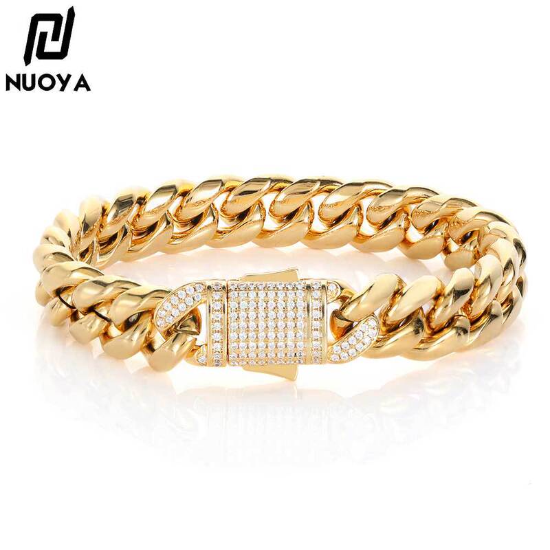 European and American Cross-Border Stainless Steel Jewelry Zircon Spring Buckle Cuban Chain Titanium Steel Bracelet Hip-Hop Personalized Men's Hand Jewelry