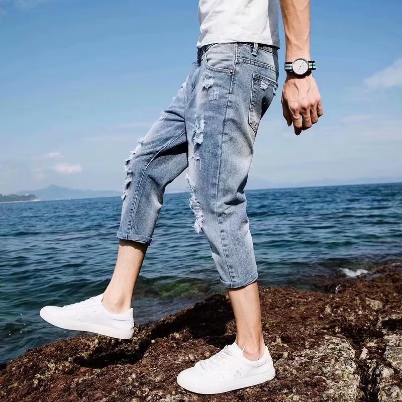 Casual Cropped Slim Fit Skinny Jeans for Men, New Trendy Ripped Japanese Style Spring Mid-Rise