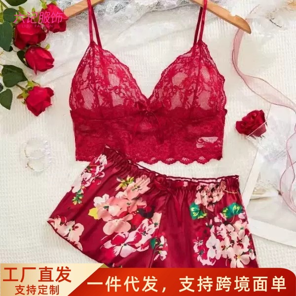 Printed Lace Sexy Lingerie Set with Camisole and Shorts, Large Size, Can Be Worn Outside, for Women
