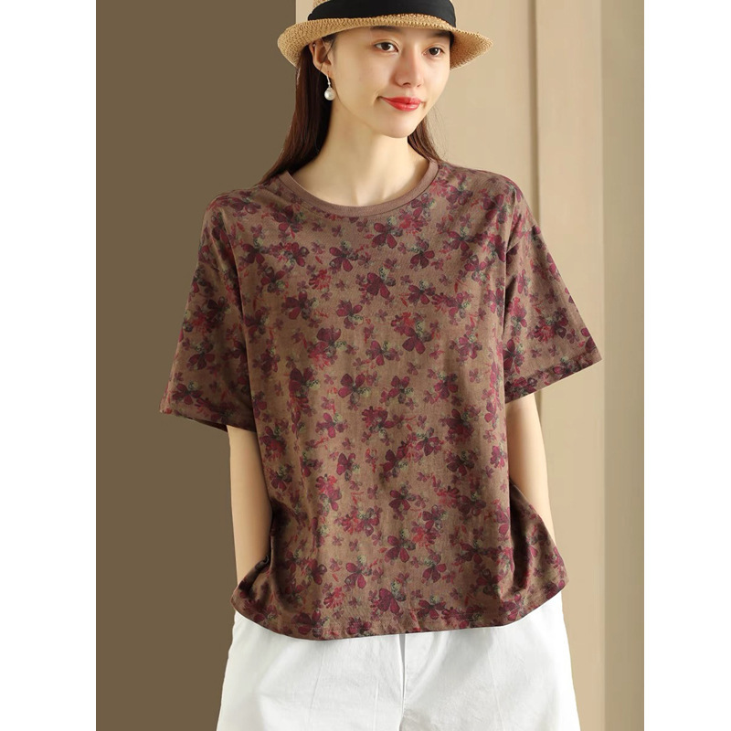 文芸レトロ丸首半袖純綿tシャツ女性夏の新作ファッション|undefined