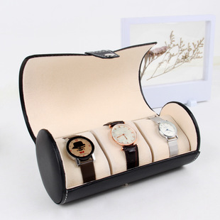 Wholesale In-Stock Pu Leather 3-Slot Cylindrical Watch Box Jewelry Watch Storage Display Packaging Box Portable