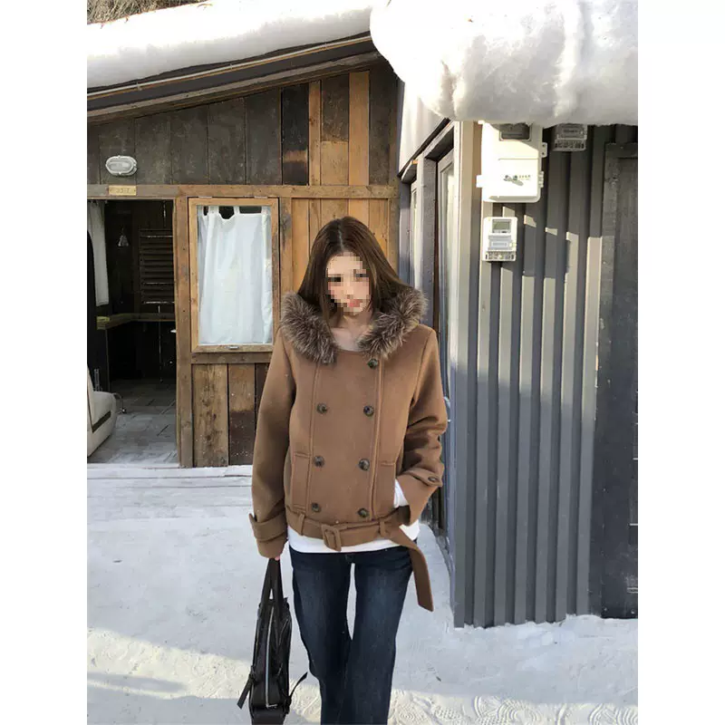 晨领【加厚保暖德绒450克】韩系双排扣毛呢外套女秋冬连帽毛领上