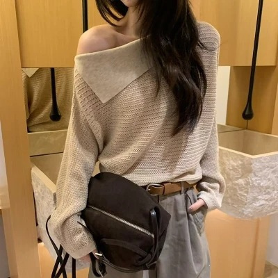 2026 Autumn New Collection: Stylish and Exquisite Off-the-Shoulder Long-Sleeve Hollow-Out Knit Top with Asymmetrical Neckline and Ruffled Hem 2026 Autumn New Collection: Stylish and Exquisite Off-the-Shoulder Long-Sleeve Hollow-Out Knit Top with Asymmetrical Neckline and Ruffled Hem