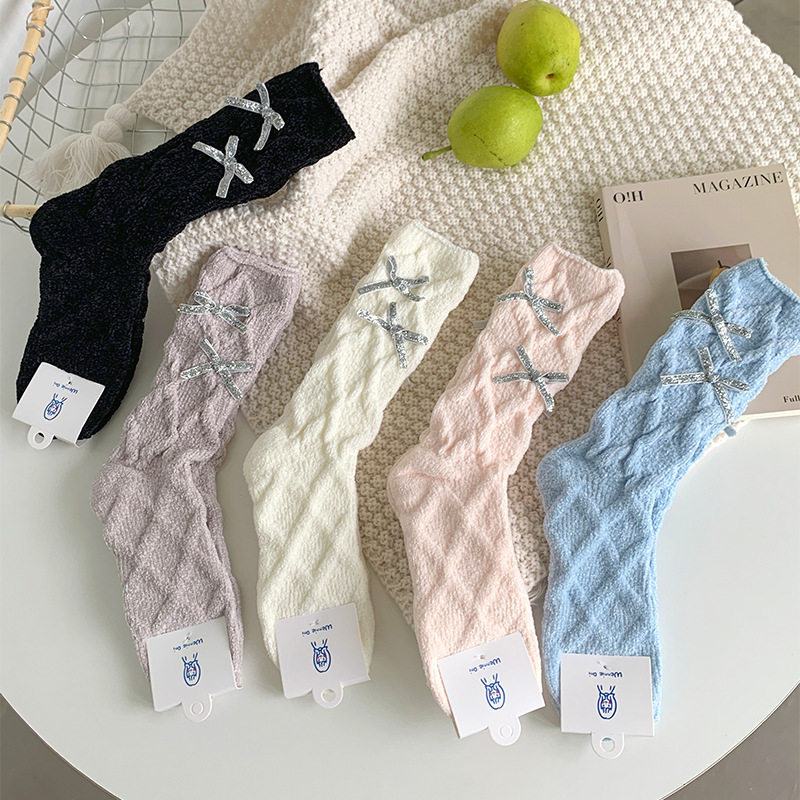 Thickened Chenille Socks for Women in Winter Warm Mid-Calf Socks Sweet Silver Bow Coral Velvet Sleep Socks for Women