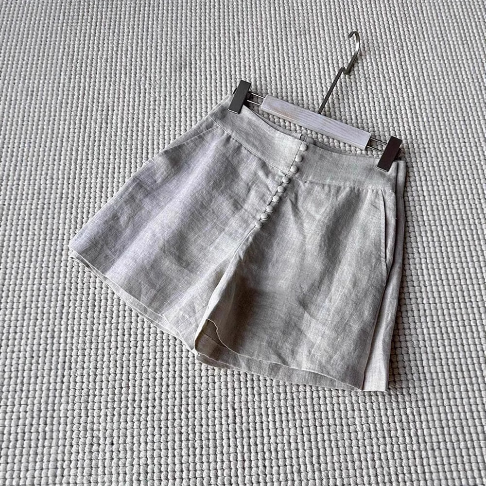 海外单,鼎牛渠道的实力!!小众设计多扣透气高腰仿亚麻短裤女