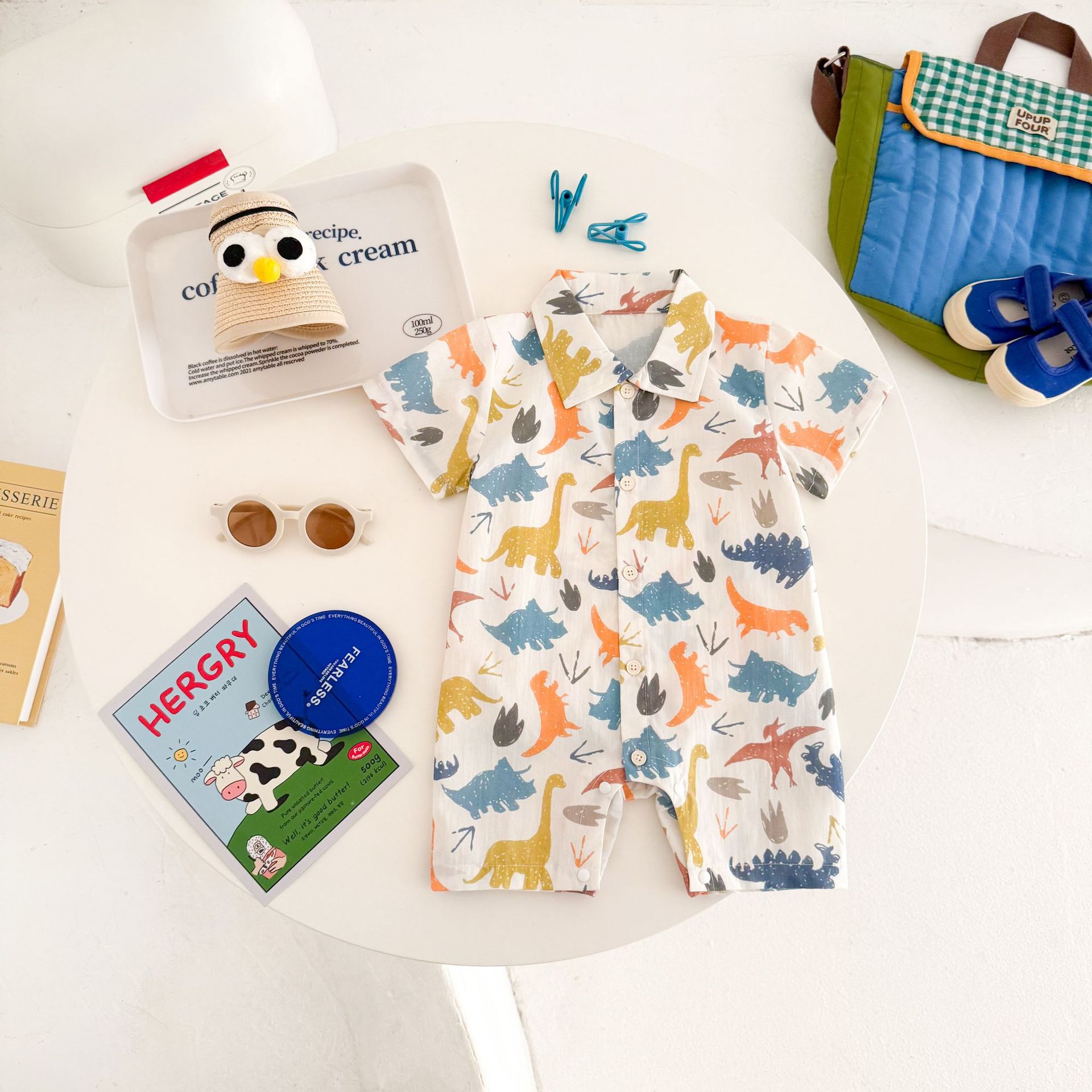 Summer Dress Boys' Short-Sleeved Full-Print Animal Three-Dimensional Baby Baby Boy's Dinosaur Cardigan Lapel Climbing Suit