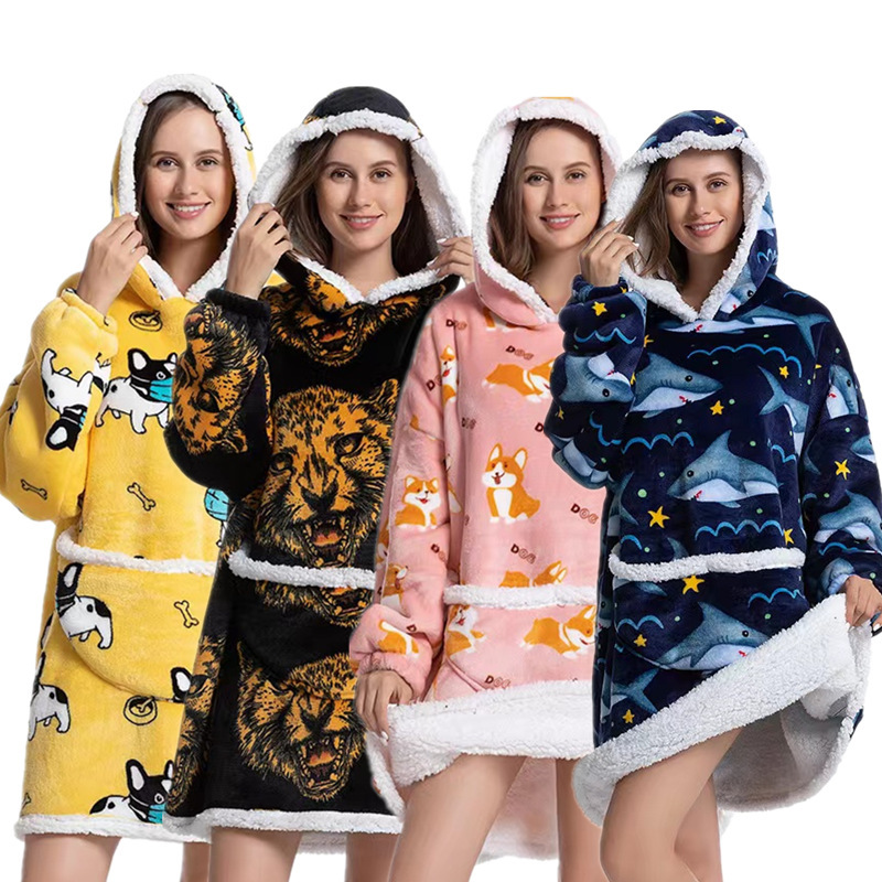 2022 New Cold Wear Flannel Thickened Pajamas Lamb Velvet Tv Tv Lazy Blanket Hooded Outer Wear Cartoon 2022 New Cold Wear Flannel Thickened Pajamas Lamb Velvet Tv Tv Lazy Blanket Hooded Outer Wear Cartoon
