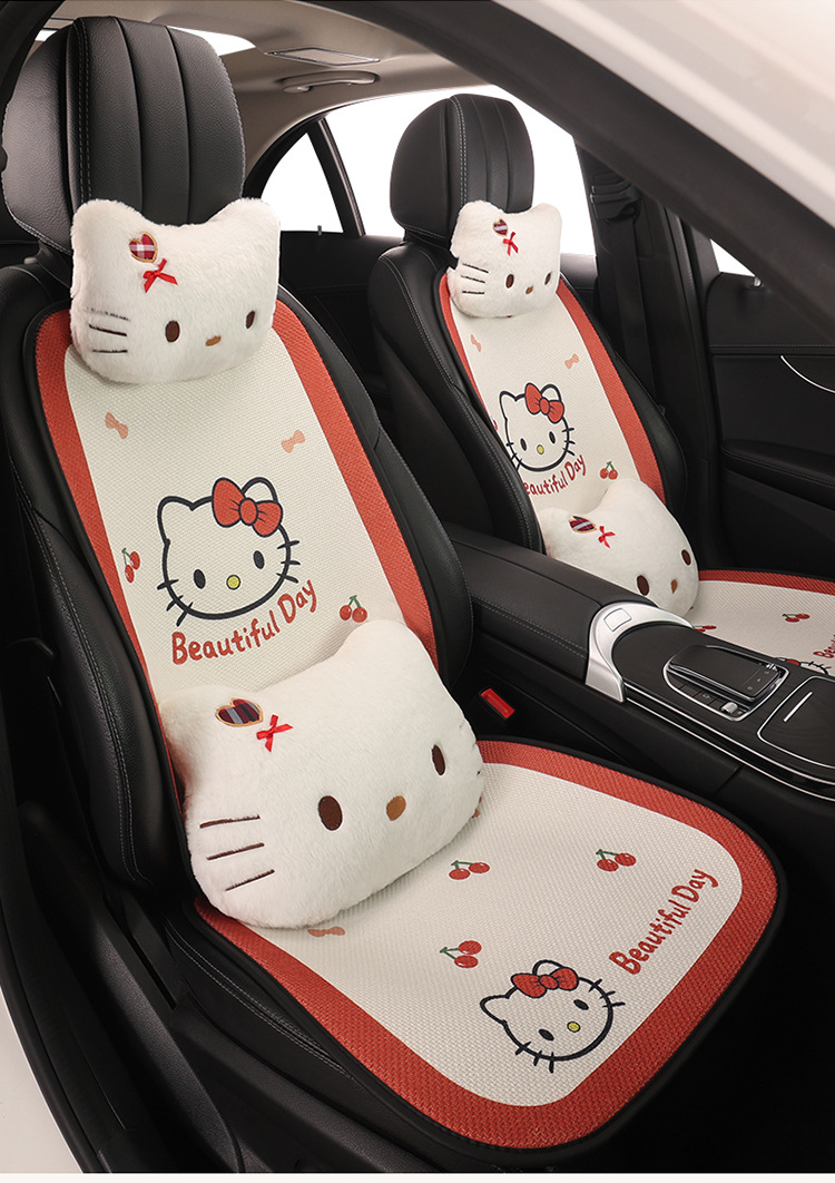 Car Seat Cushion Linen All-Season Breathable Kt Cat Seat Cushion New Half-Cover Seat Cover Cute Cartoon Single Seat Cover