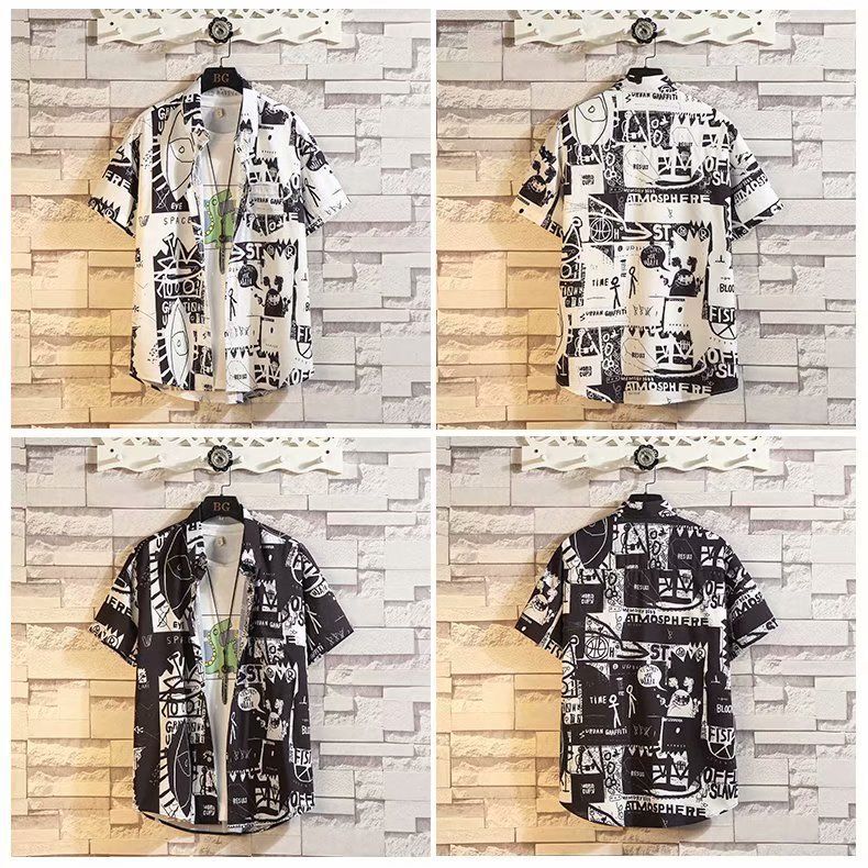 Hong Kong style Japanese style floral shirt men's half sleeve ins fashion handsome matching half sleeve shirt short sleeve fashion printing