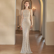 跨境挂脖晚礼服重工轻奢鱼尾裙女高级感小众宴会气质名媛主持批发