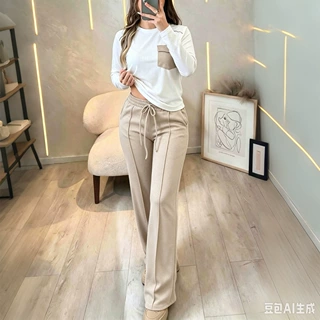 迪芸跨境欧美简约休闲撞色口袋长袖T 恤阔腿套装女2026秋冬亚马逊