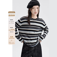 「GUIER」撞色条纹针织衫女秋季2025新款圆领卷边宽松高级感上衣
