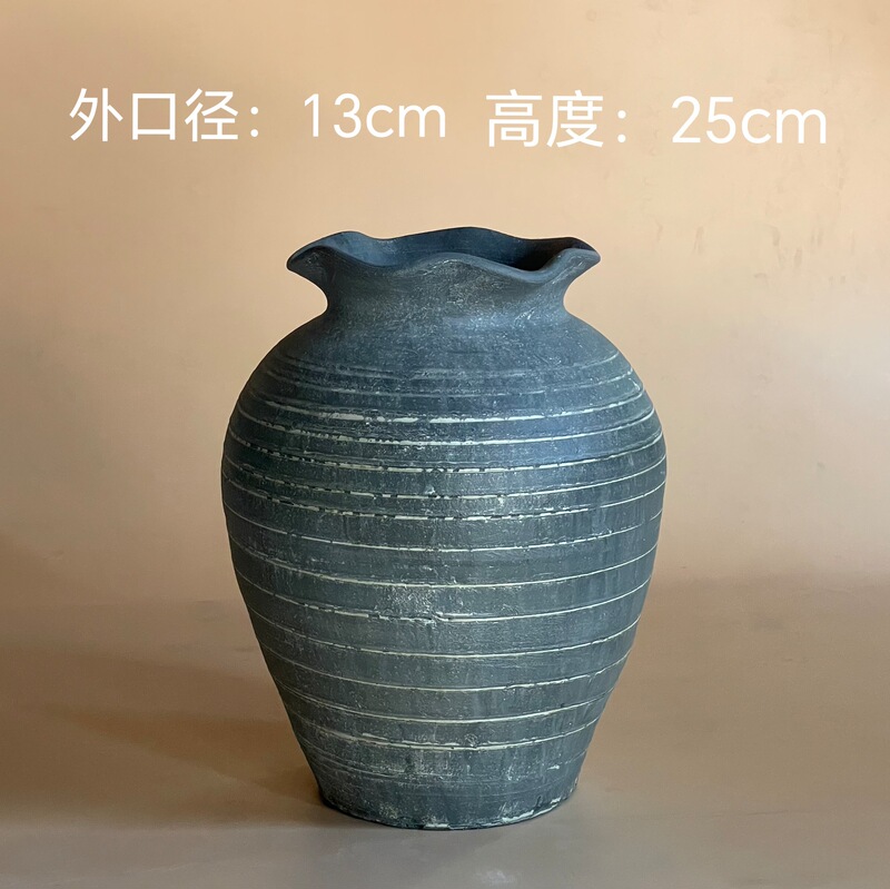 侘寂风粗陶花瓶陶罐花盆插花复古做旧风仿古瓦罐盆坛子灰陶摆件|undefined