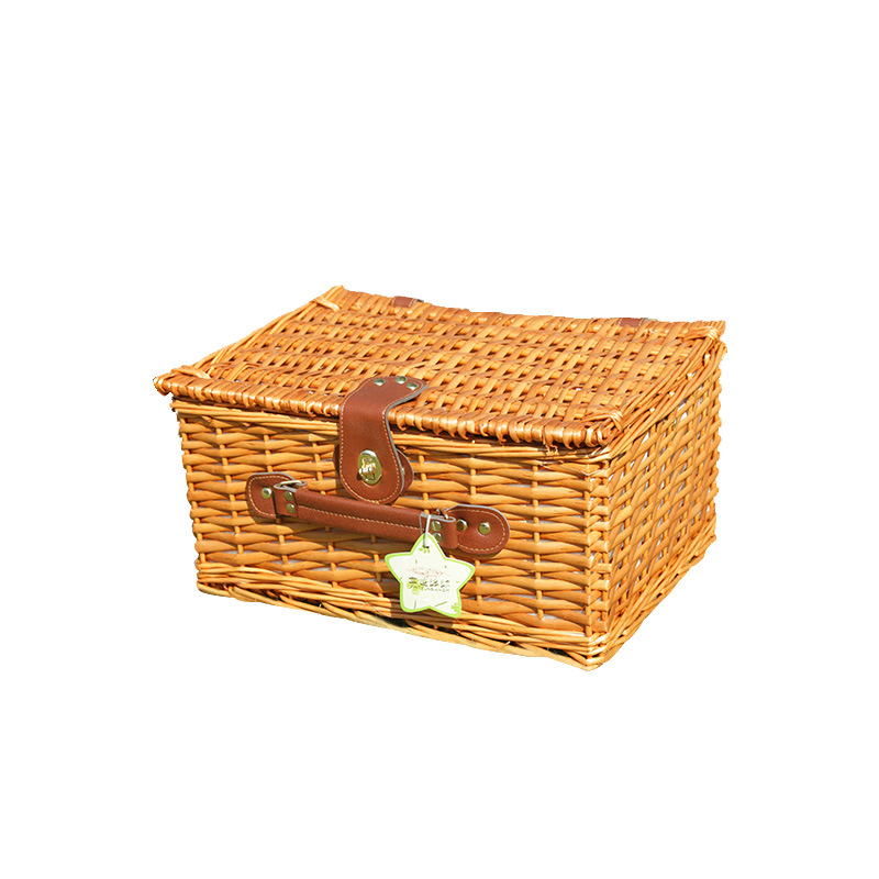 Fábrica en stock cesta de picnic tejida a mano picnic al aire libre con tapa y vajilla cesta de almacenamiento cesta de verduras de carne de fruta