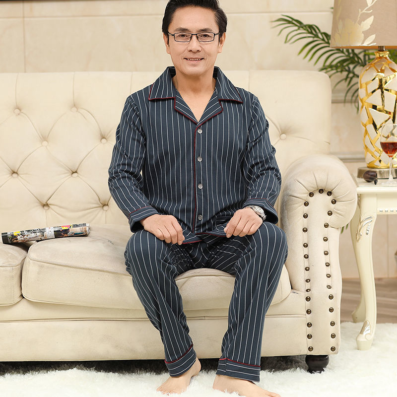 Pijamas de mediana edad y ancianos para hombres de primavera y verano 100% algodón de manga larga más tamaño cardigan Delgado traje de homewear
