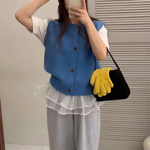 KANING Korean-style round neck knit vest cardigan for women 2025 early autumn loose versatile sleeveless lapel top