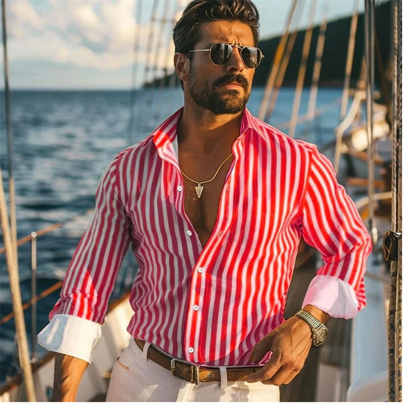 Camisa de manga larga a rayas con sentido de diseño de otoño para hombres sueltos 2024 nuevos tops se pueden usar afuera MB12