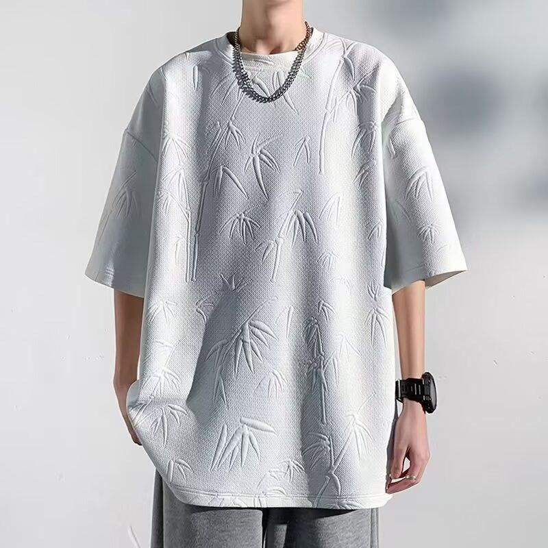 新しいジャカード半袖Tシャツメンズ2025夏トレンディハンサムイン多用途ルーズテクスチャードラウンドネックハーフスリーブ|undefined