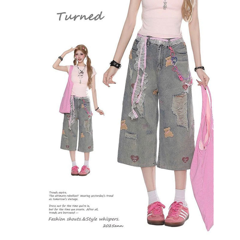 Embroidered Bear Ripped Denim Shorts for Women Summer New Loose Large Size Slim American High Waist Wide Leg Cropped Pants