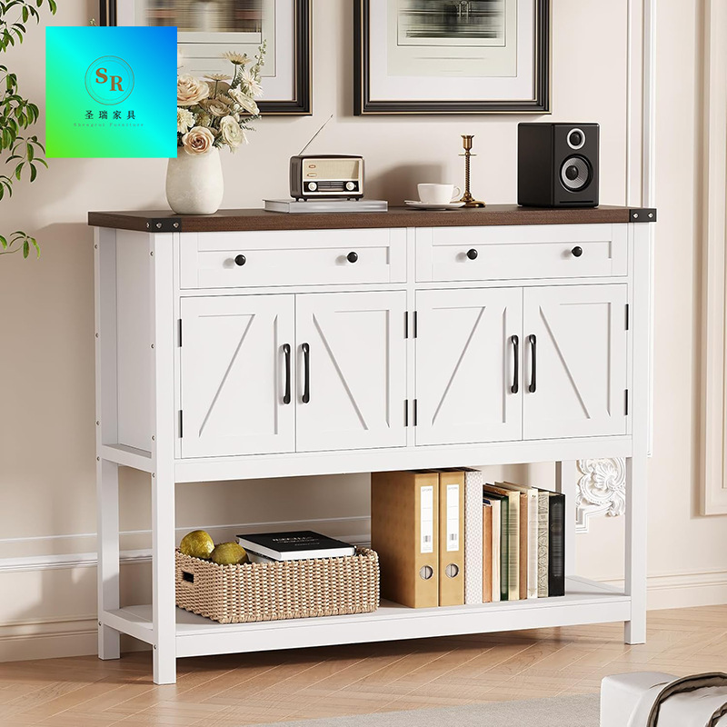 Farmhouse Barn Door Style Sideboard with Drawers, Home Kitchen Storage Cabinet, Side Table Storage Cabinet Farmhouse Barn Door Style Sideboard with Drawers, Home Kitchen Storage Cabinet, Side Table Storage Cabinet
