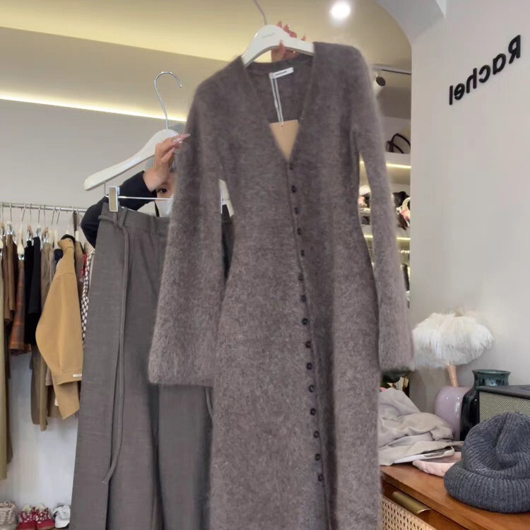 Brown mohair cardigan knitted dress women's autumn and winter wear high-grade lazy style soft glutinous long sweater dress Brown mohair cardigan knitted dress women's autumn and winter wear high-grade lazy style soft glutinous long sweater dress