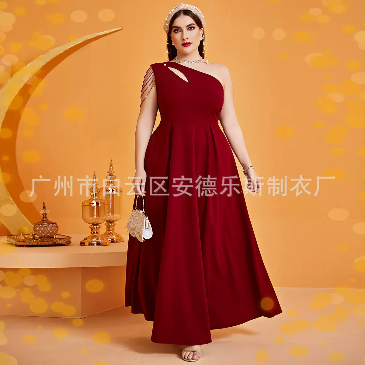 欧美跨境大码单肩长裙时尚性感流苏连衣裙亚马逊伴娘礼服裙