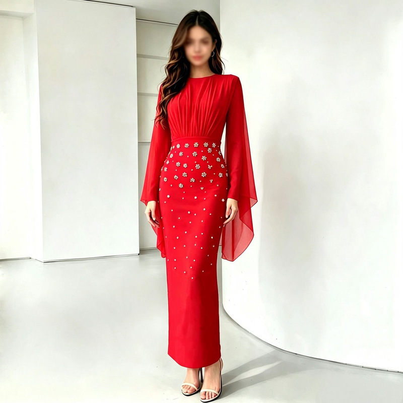 European and American cross-border fashion bell-sleeve rhinestone slimming bandage dress for banquets and evening parties European and American cross-border fashion bell-sleeve rhinestone slimming bandage dress for banquets and evening parties