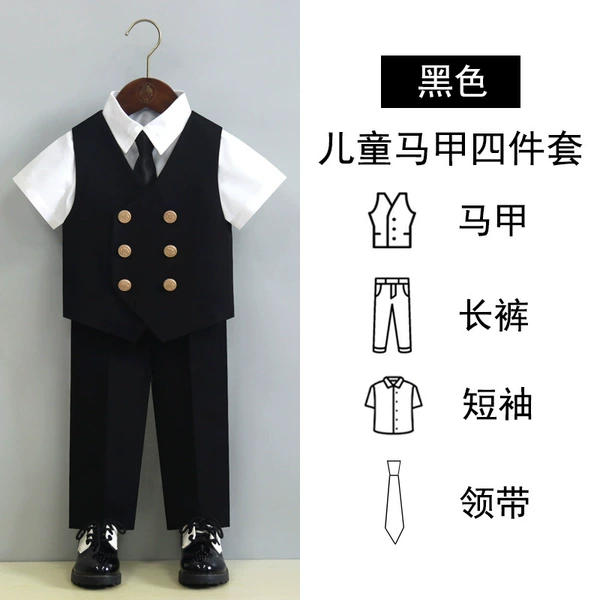 Black vest, trousers, white shirt, tie