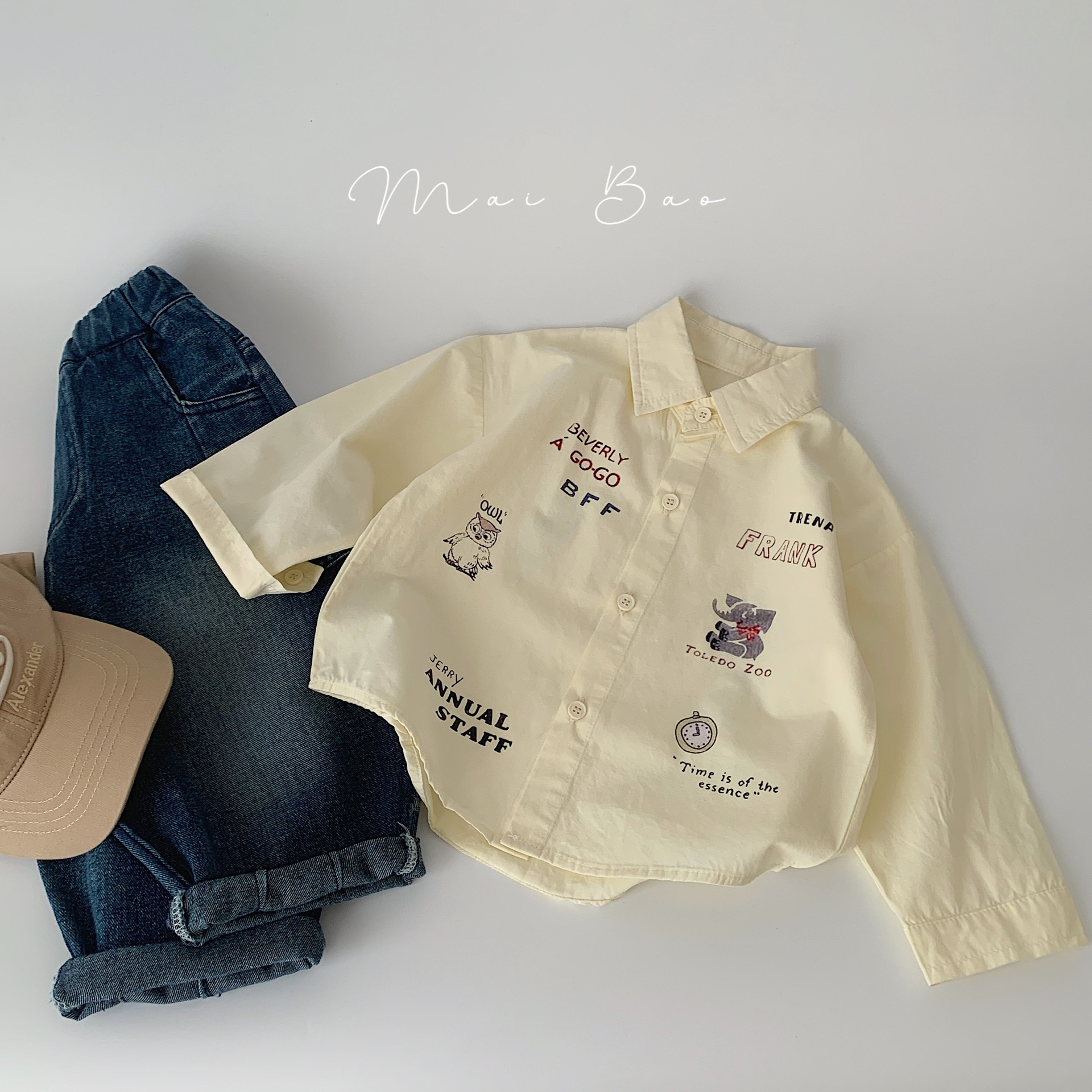 Maibao niños camisa de los niños de dibujos animados impreso cardigan 2024 primavera nuevos niños y niñas de algodón carta camisa de moda