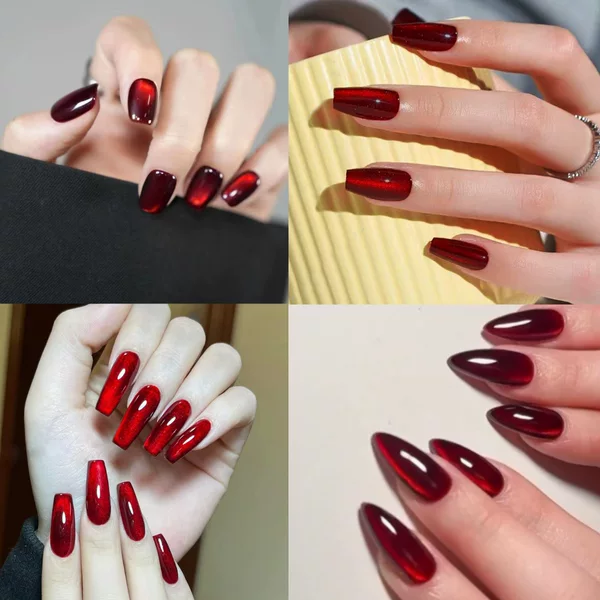 Dark Red Cherry Red Cat Eye Wearable Nails Almond Middle Ladder Water Drop Square Fake Nails Handmade Nails
