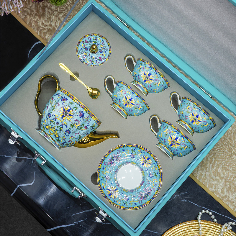 Blue and White Coffee Cup Set European Style Ceramic High-End Exquisite Enamel Color Jingdezhen Afternoon Tea Cup Accessible Luxury High-End