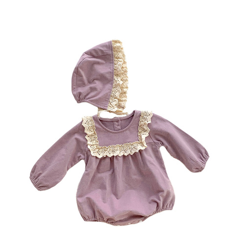 Spring and Autumn New Korean Style Baby Girl Trendy Lotus Collar Lace Edge Bodysuit Diaper Cover Outfit for Infants