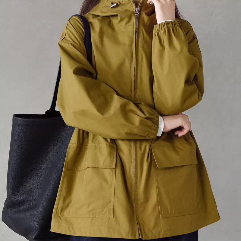 Japanese Niche Imported Material Simple Comfortable Versatile Loose Slimming Drawstring Hooded Pocket Trench Coat Jacket