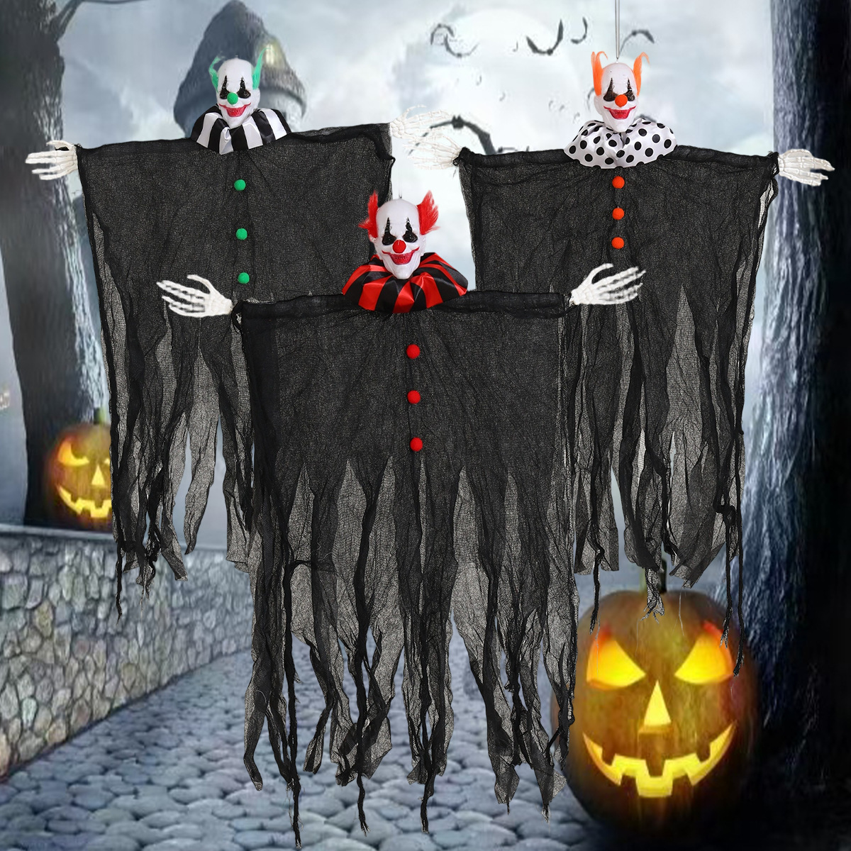 Nuevos accesorios de decoración de Halloween transfronterizos, payaso, calavera, gasa, mueca, fantasma colgante, casa embrujada, decoración de puerta de fiesta