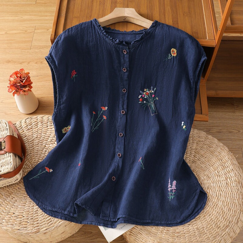 Artistic and Youthful Embroidered Cotton Sleeveless Shirt for Women, Summer Ruffled Collar Stylish Top, Casual Versatile Cotton Tank Top for Women