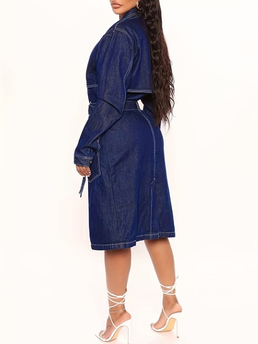 Elegant Style Women's Classic Long Denim Trench Coat Button