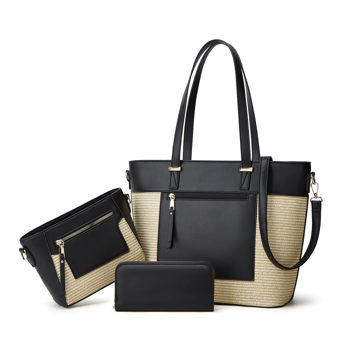 2025 New Tote Cross-Border Patchwork Color Woven Handbag Crossbody Bag Three-Piece Set_voghion.com